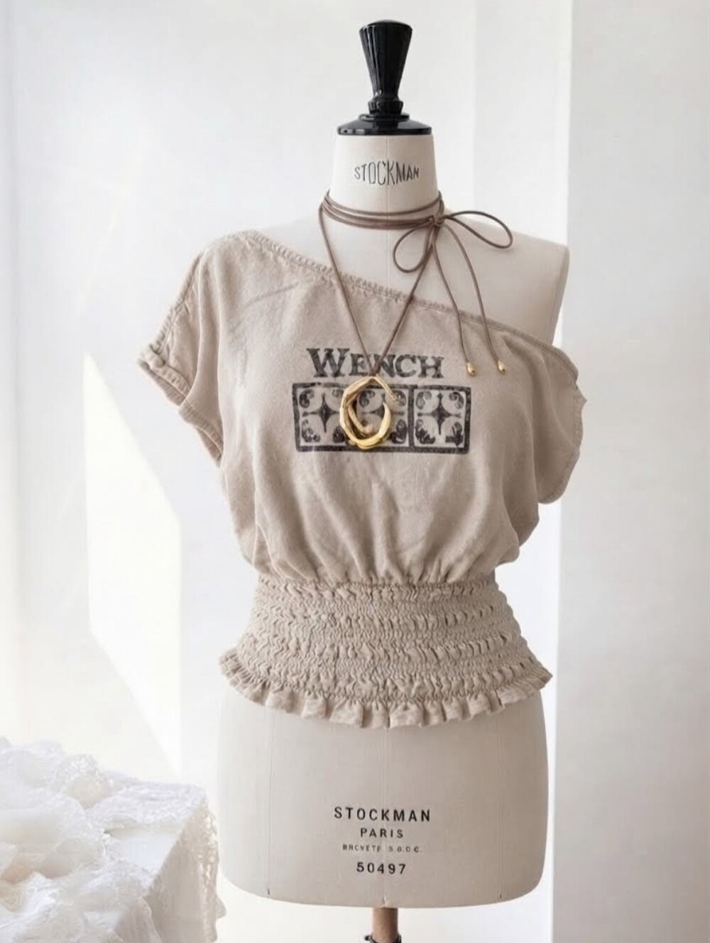 Old Navy Beige Smocked-Waist Crop Top with Graphic